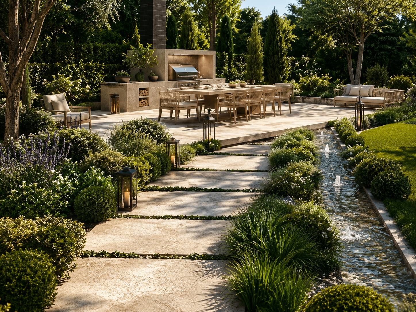 Outdoor kitchen, water canal and dining