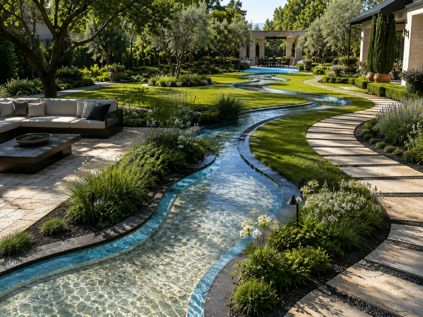 Flowing water feature and stone paving — Urla